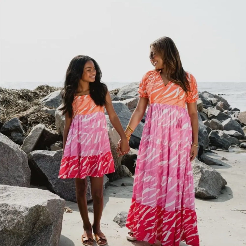 Women’s Orange & Pink Maxi Dress - Stylish Tiered Print - Picture 4 of 4
